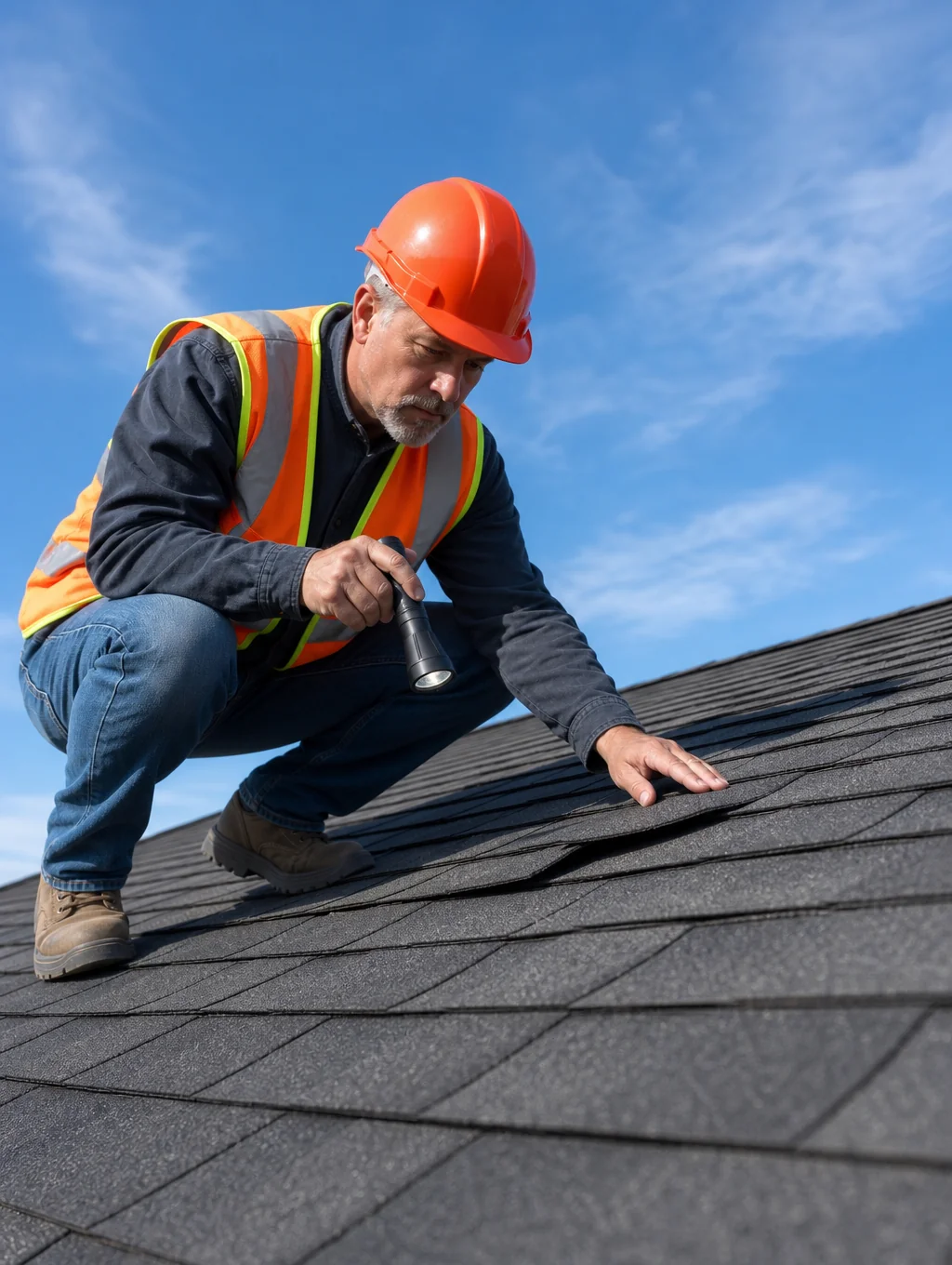 Contractor in high-visibility workwear inspecting a commercial building roofline and steel guttering system