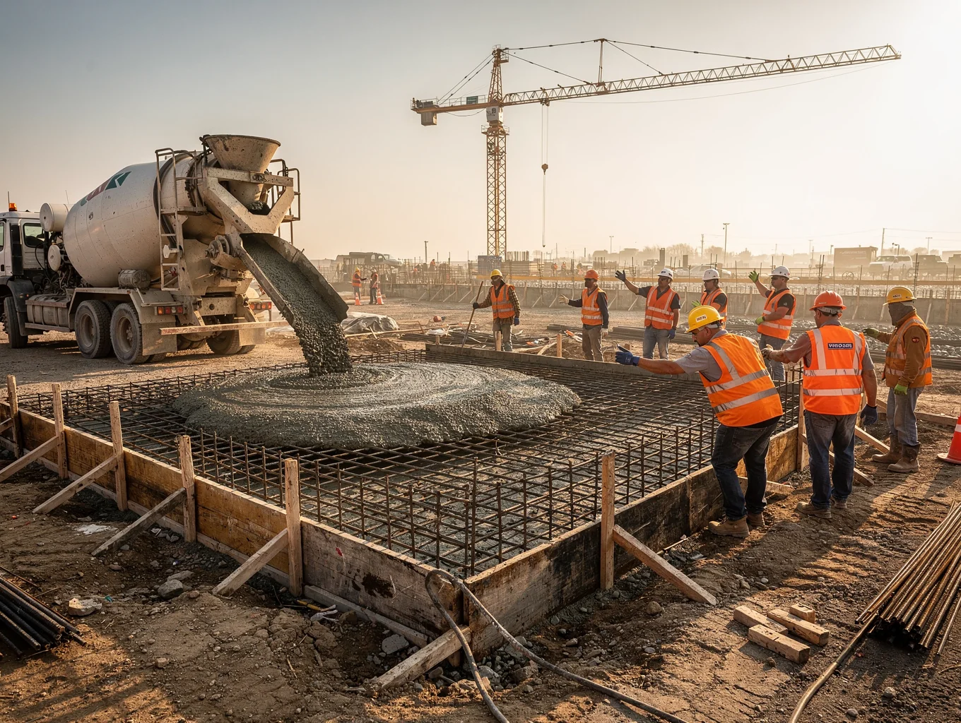 Concrete footing pour and reinforcement steel for structural building