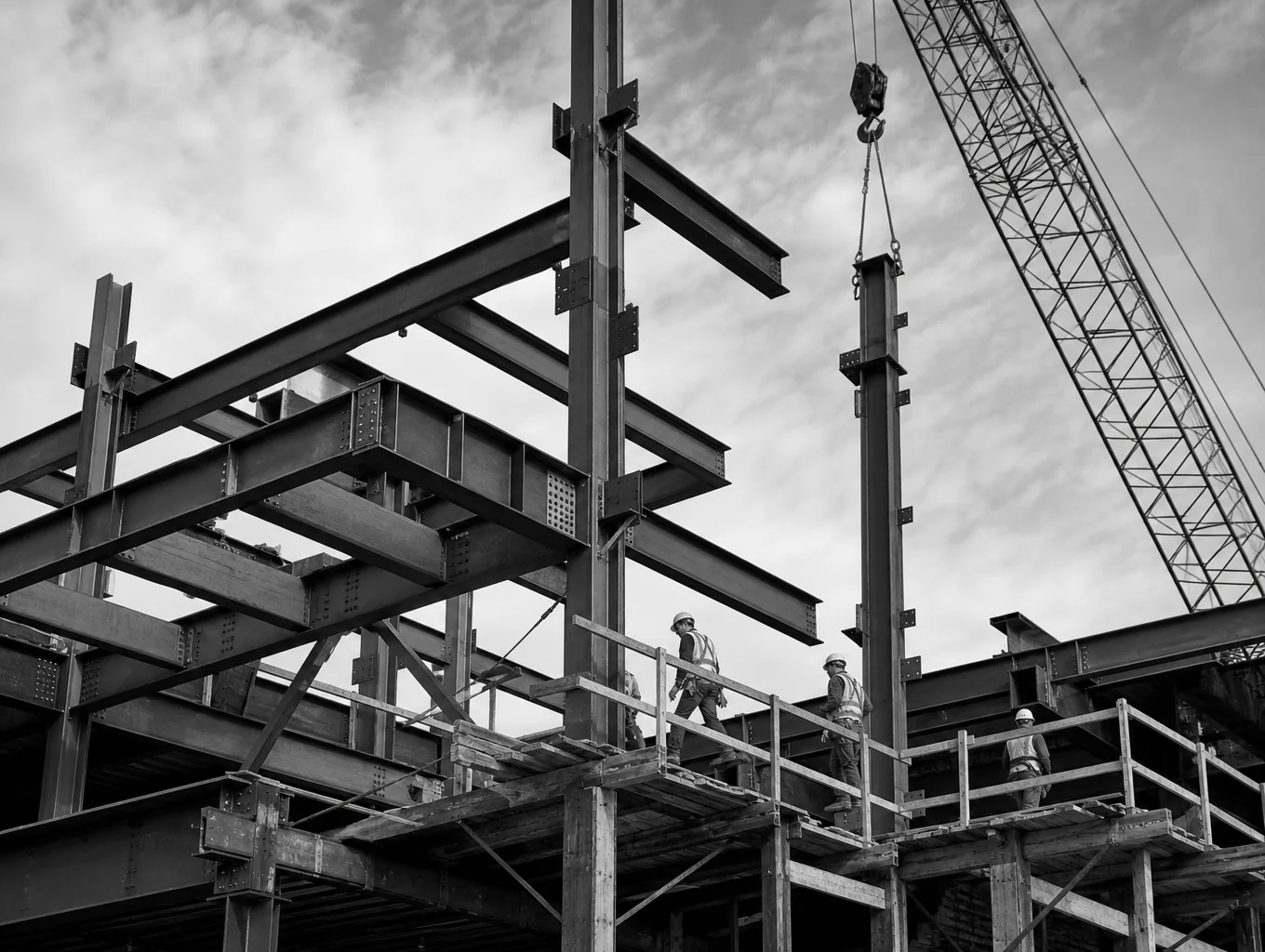Heavy structural portal frame steelwork assembly on site