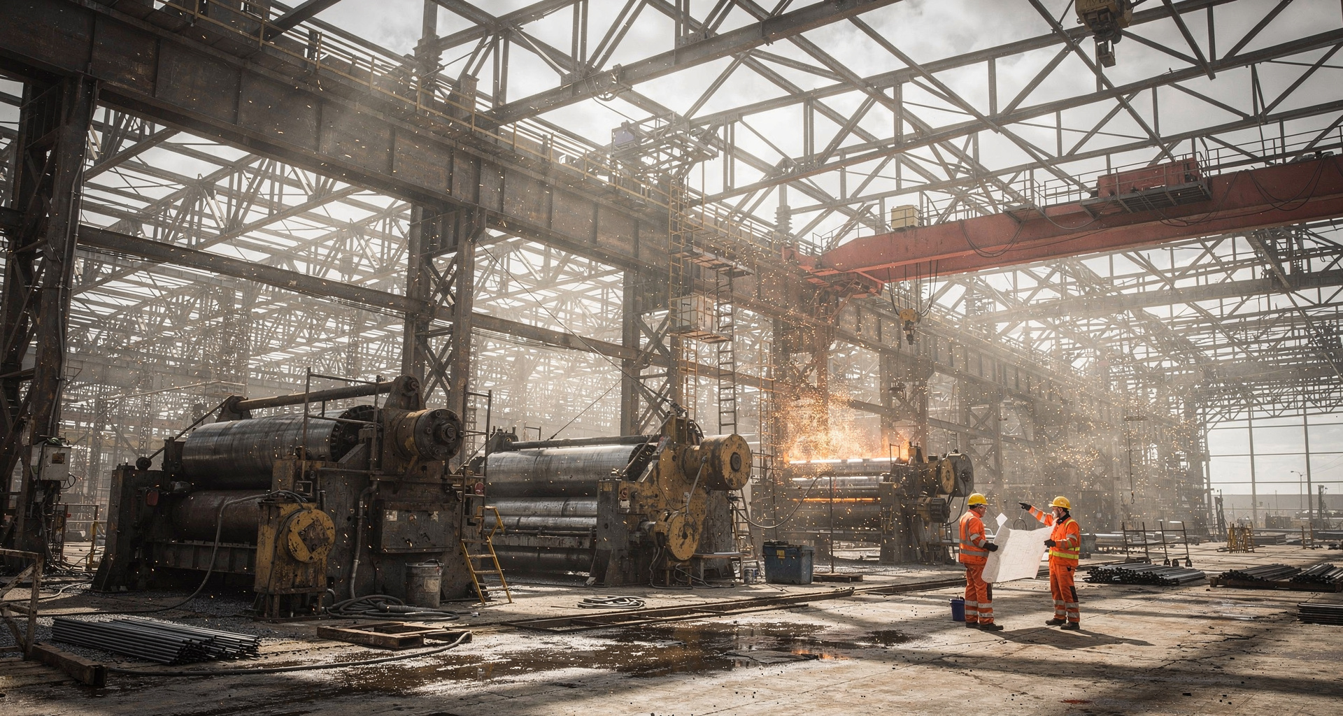 Structural steel fabrication in progress