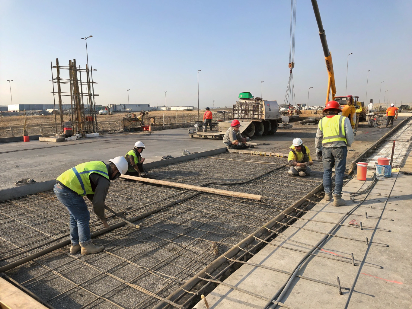 Reinforced foundation trench and steel rebar mesh installation on site