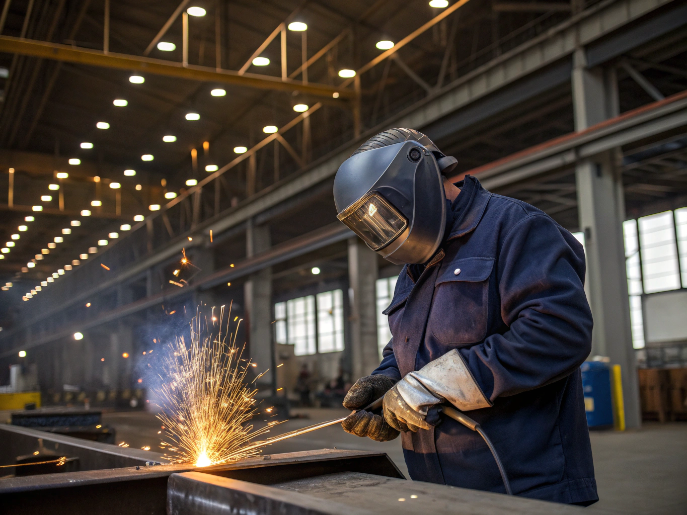 Artisan in protective welding gear TIG welding a heavy structural steel node with sparks